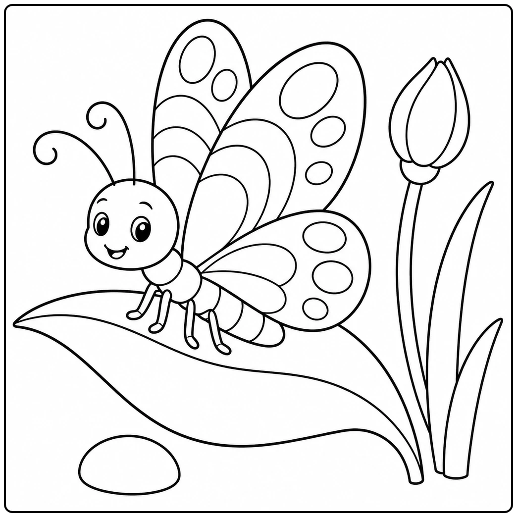 Butterfly resting on a leaf in a simple and easy butterfly coloring page for kids