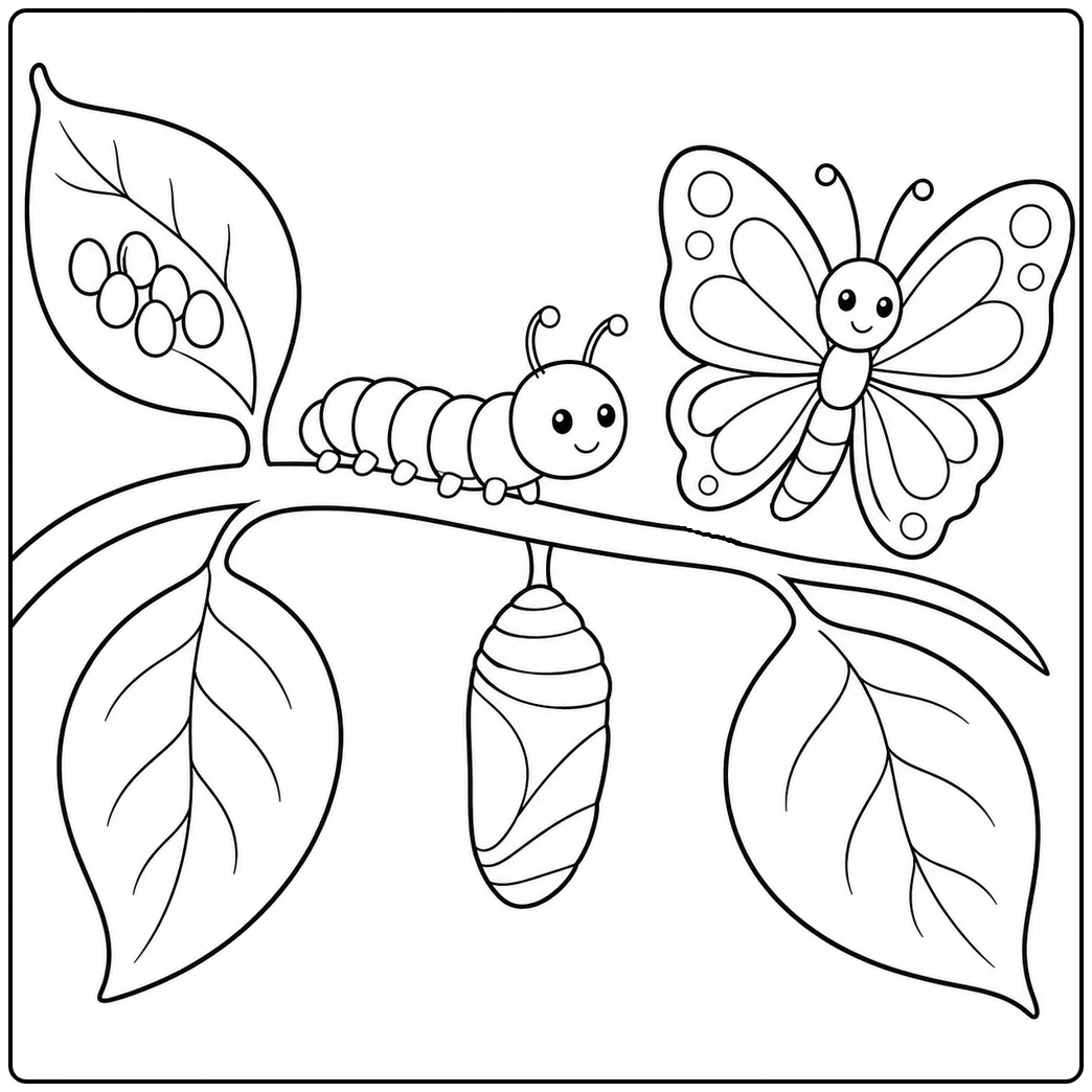 Large leaves frame eggs, a caterpillar, hanging chrysalis and butterfly on one branch.