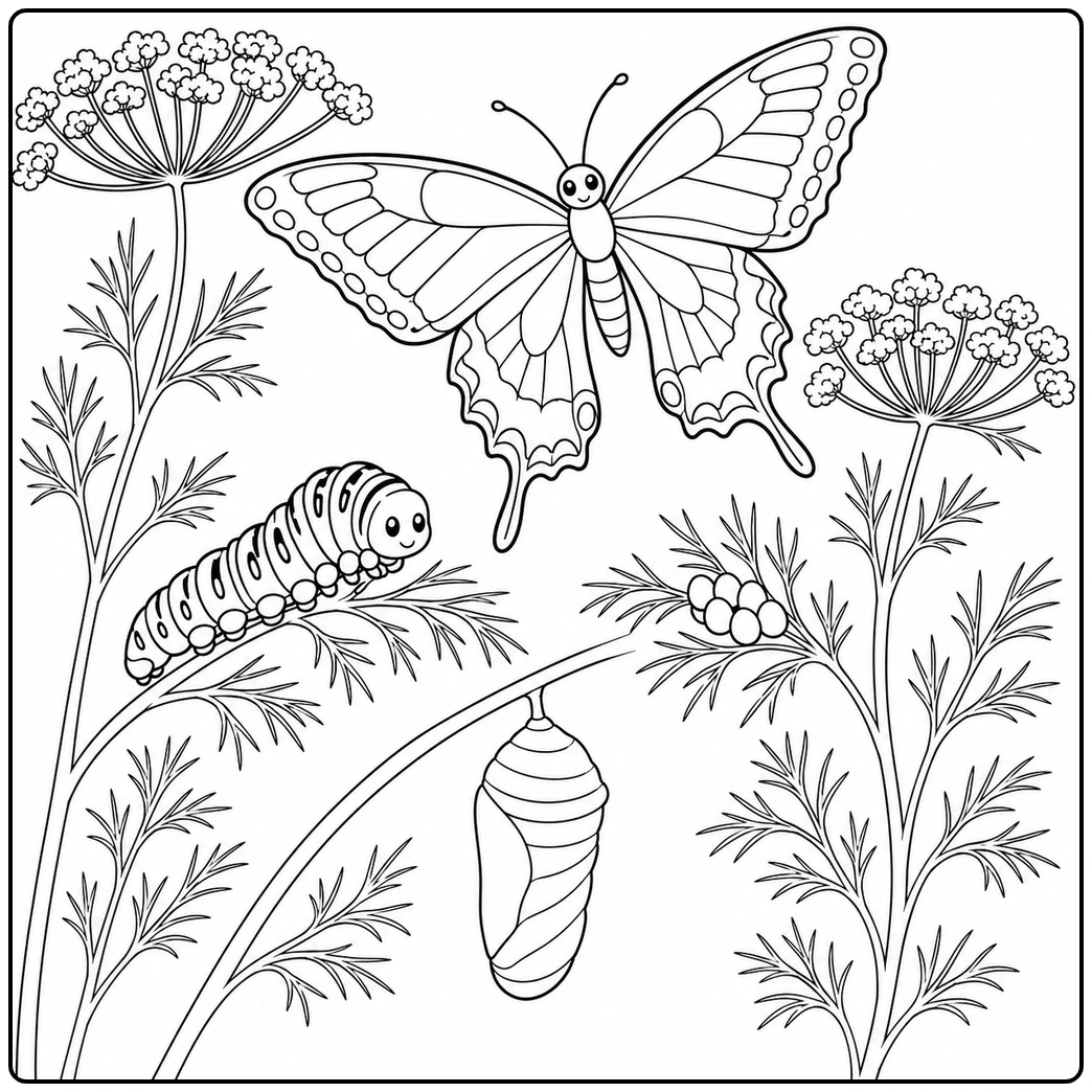 Butterfly, caterpillar and hanging chrysalis rest among tall flowering garden plants.