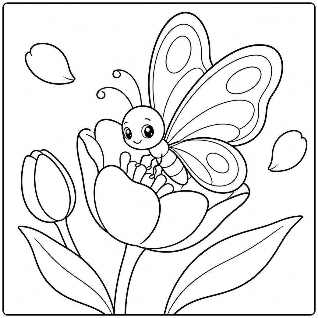Sweet butterfly hovering over an open tulip beside a closed bud and falling petals