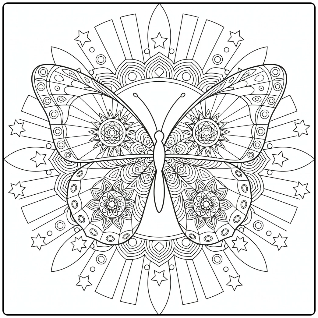 Intricate butterfly mandala coloring page with radial patterns, stars, and floral wing motifs