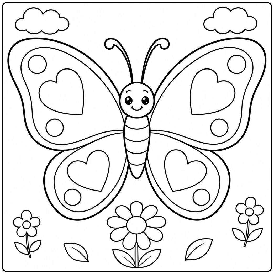 Large butterfly with heart-shaped wing patterns above flowers and leaves