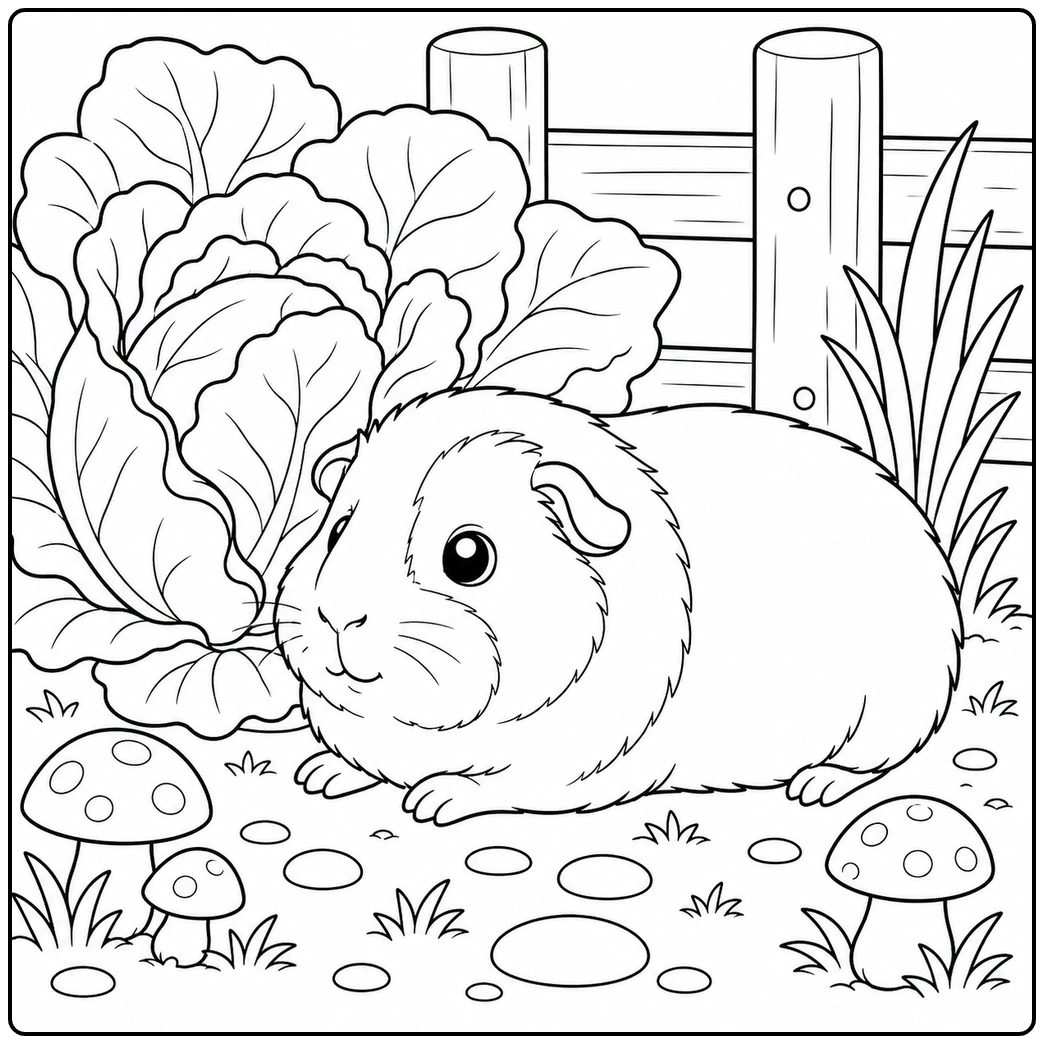 Fluffy guinea pig resting beside a large cabbage leaf, mushrooms, pebbles, and a low fence