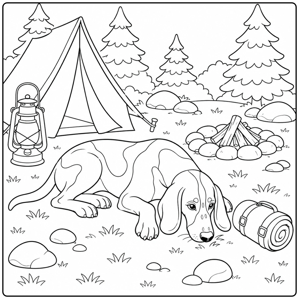 Resting hound at a campsite near a tent, lantern, rolled blanket, campfire ring, and pine trees
