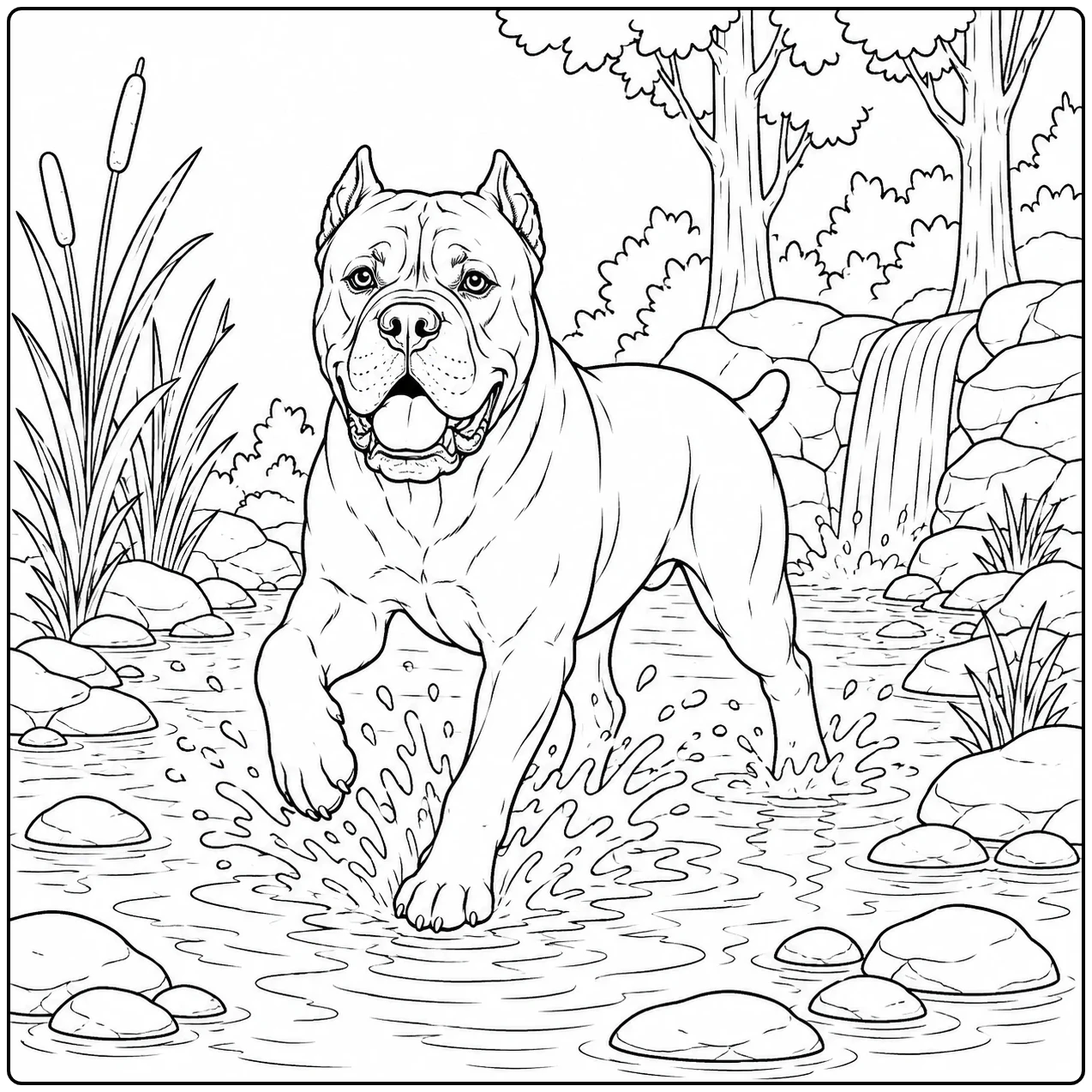 Muscular Cane Corso splashing through a rocky stream near tall grass and a small waterfall
