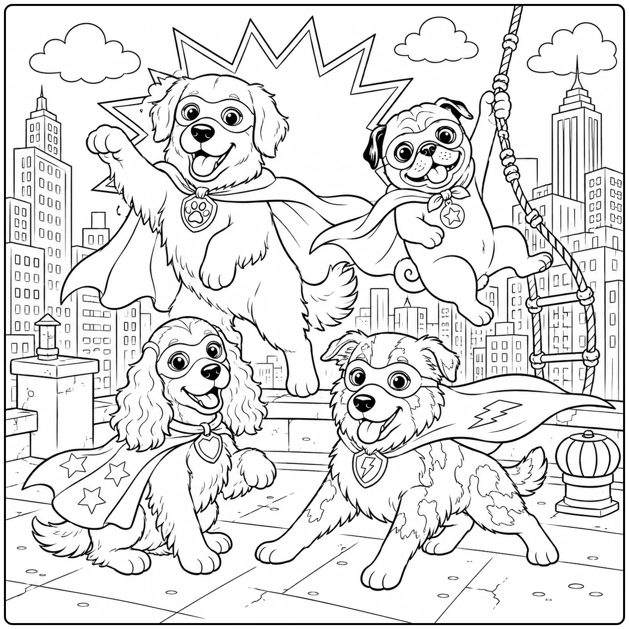 Caped dogs soar and pose above a city skyline in a lively superhero scene
