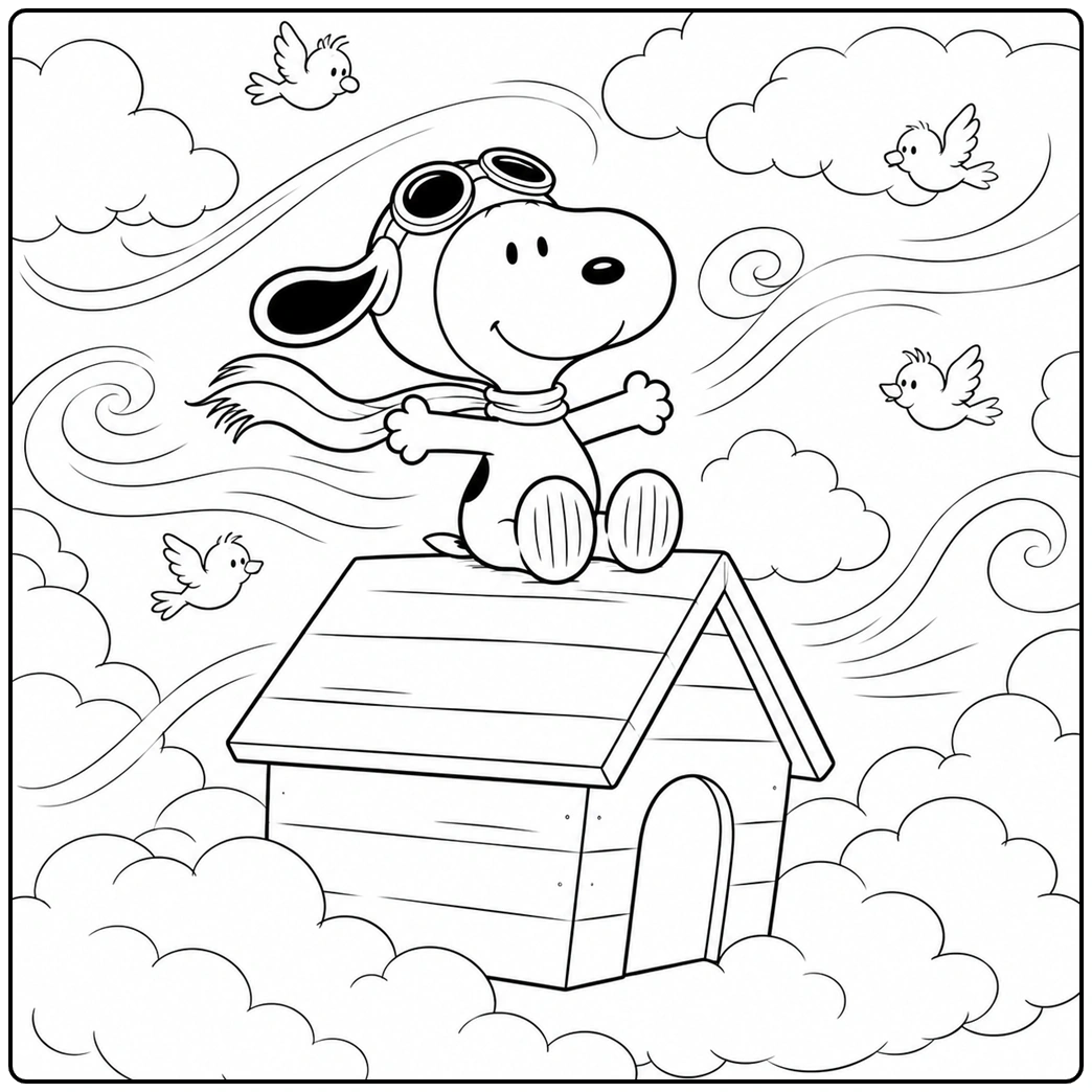 Cartoon dog coloring page of flying adventurous dog on doghouse