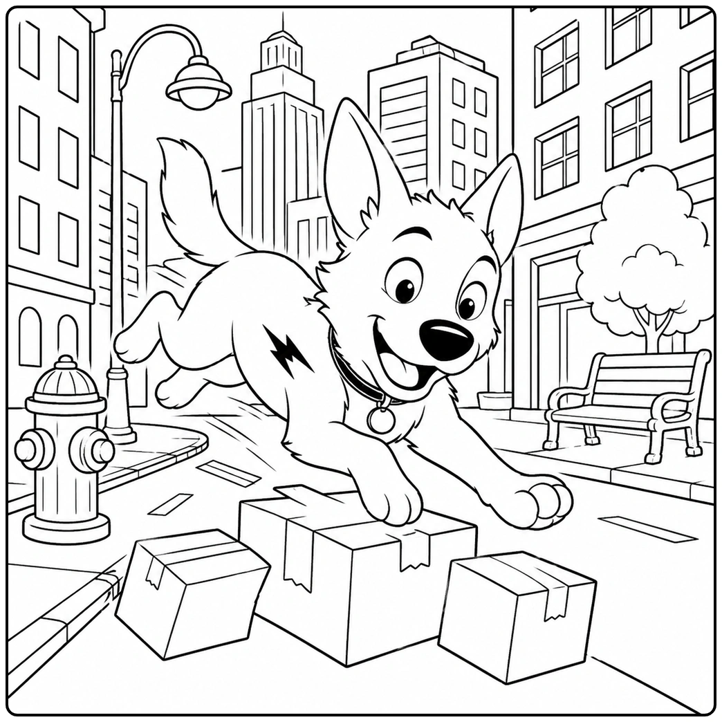 Cartoon dog coloring page city dog leaping over boxes