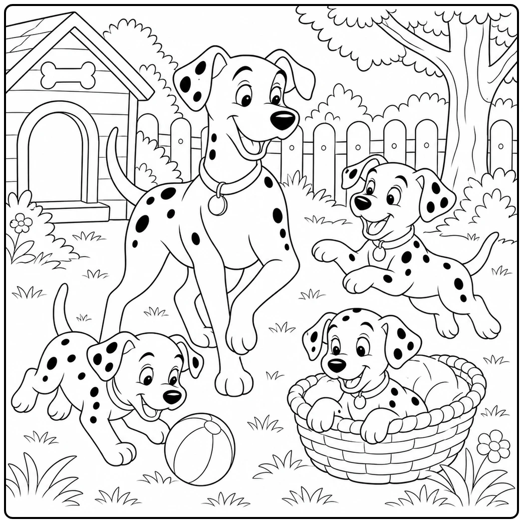 Adorable cartoon dog coloring page with playful Dalmatian family