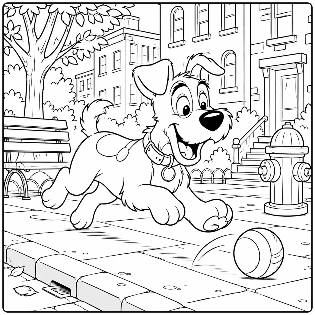 cartoon dog coloring page playful dog chasing ball sidewalk