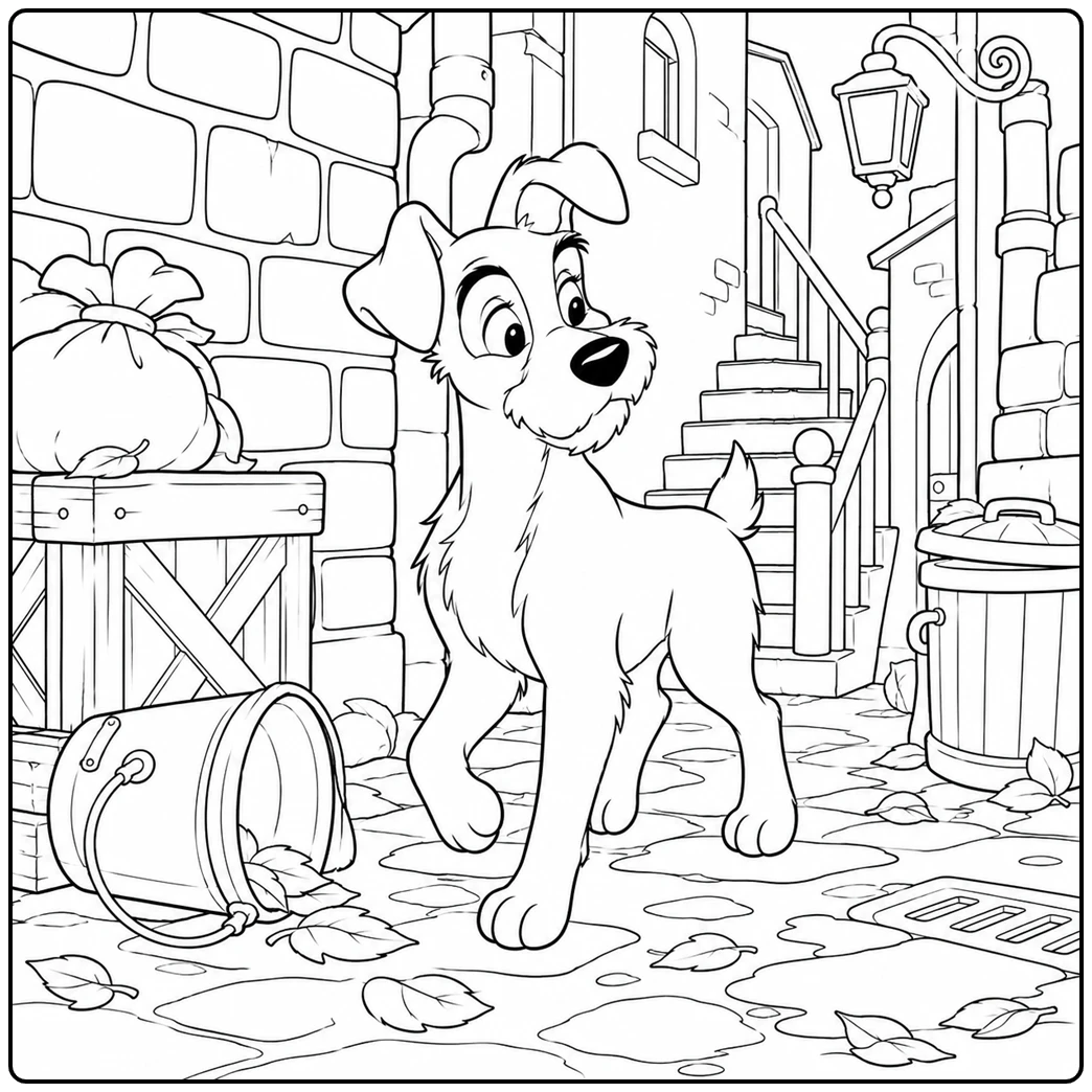 Cartoon dog coloring page of curious scruffy dog in alley