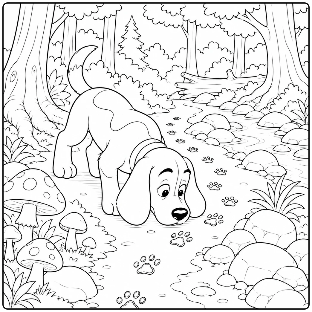 Cartoon dog coloring page of hound tracking paw prints