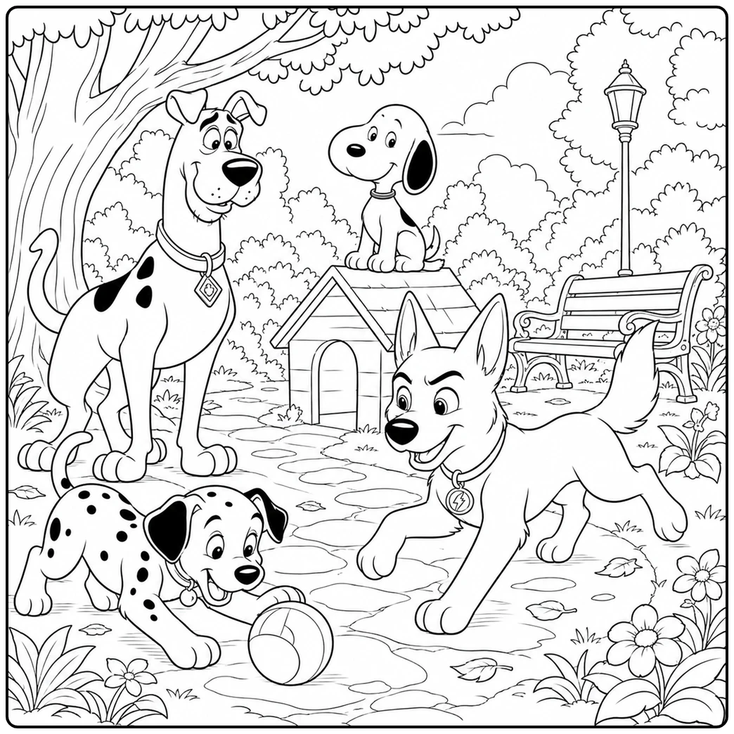 Cartoon dog coloring page of happy dogs playing ball