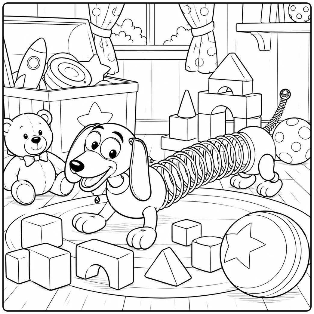Cartoon dog coloring page of spring toy dog in playroom