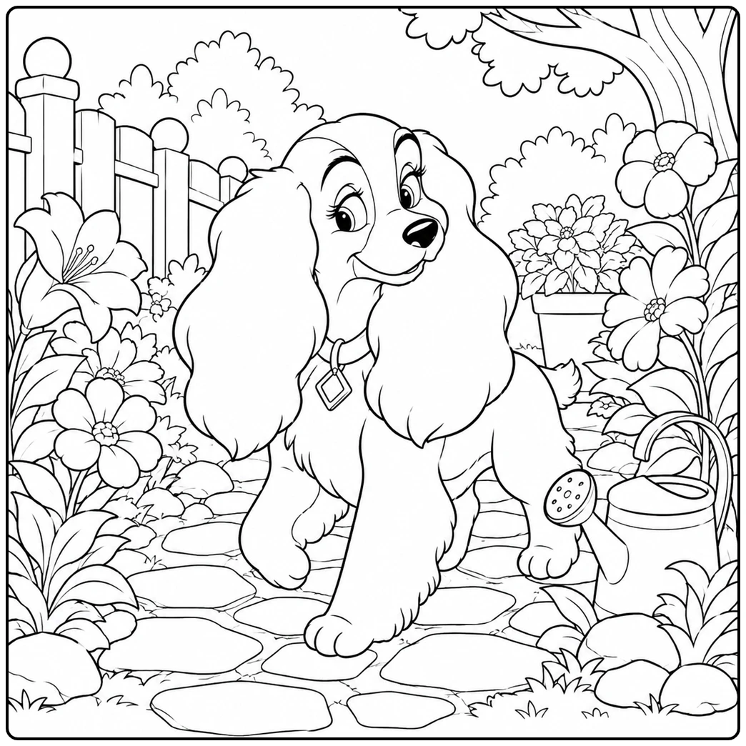 Cartoon dog coloring page of long-eared dog in flower garden
