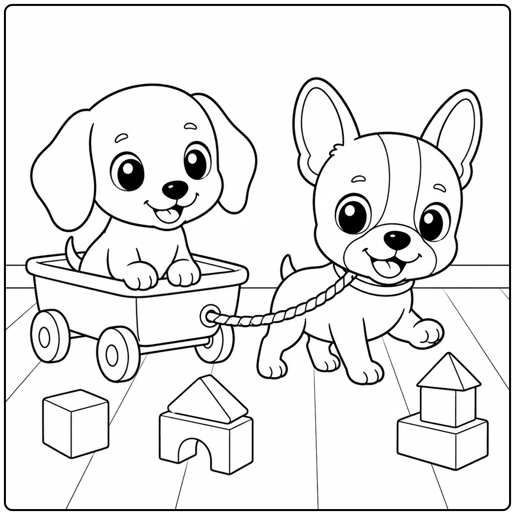 Two puppies share a toy wagon in this chibi dog coloring page surrounded by blocks
