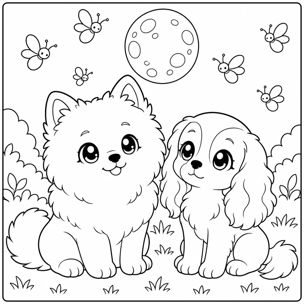 Two fluffy chibi puppies sit beneath a full moon as butterflies flutter above the grass