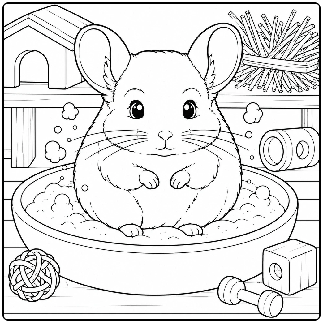 Round chinchilla enjoying a dust bath surrounded by chew toys and a wooden hideout