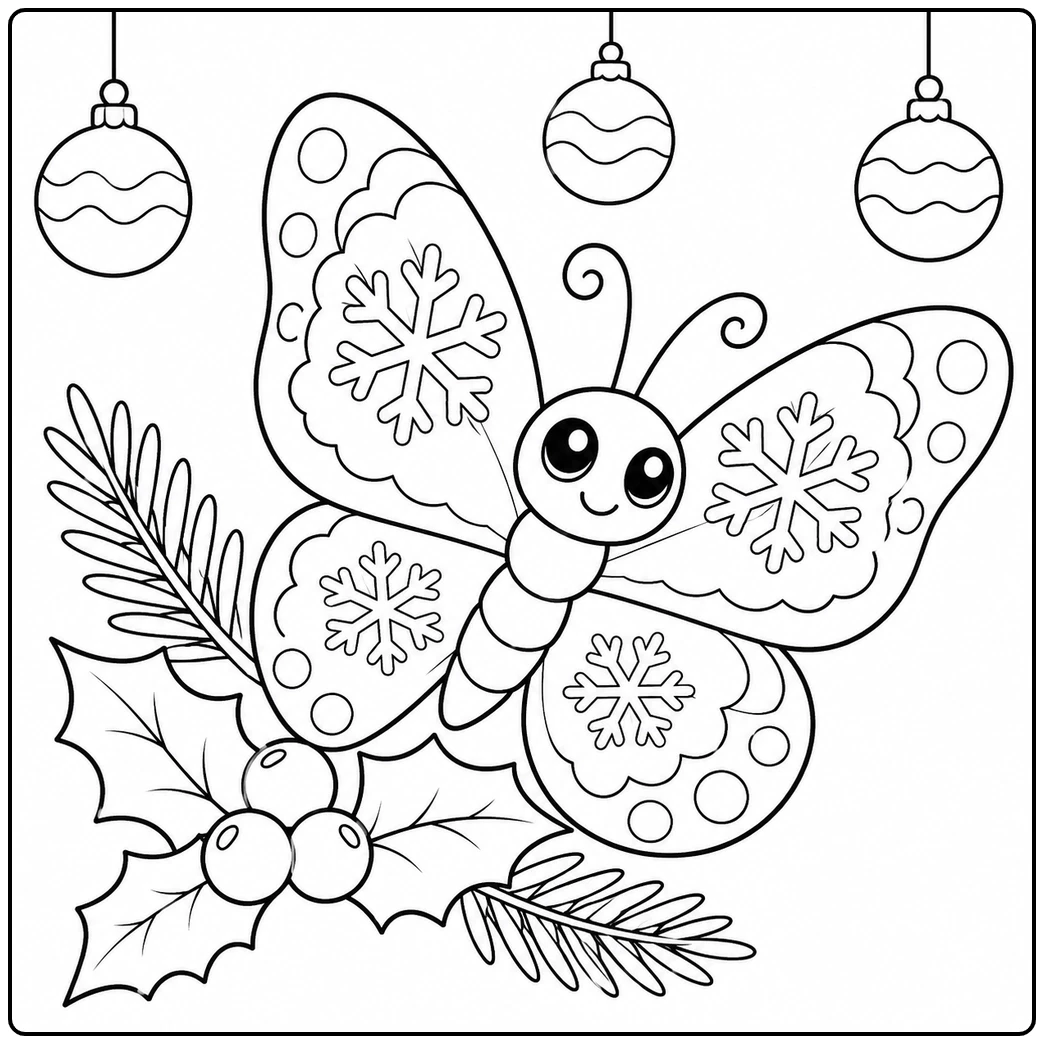 Christmas holiday butterfly coloring page with snowflake wings, ornaments, holly, and pine