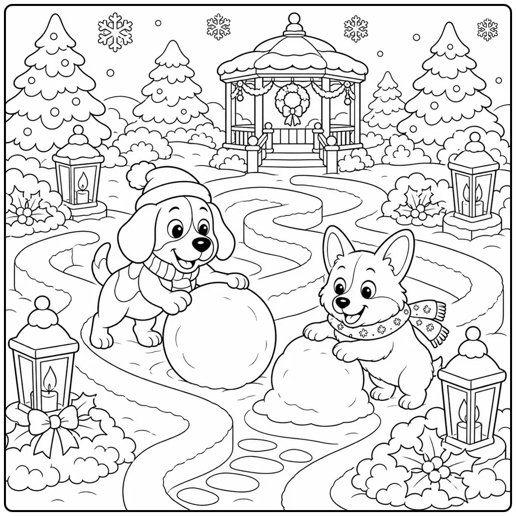 christmas dog coloring page of a playful pup with holiday lights
