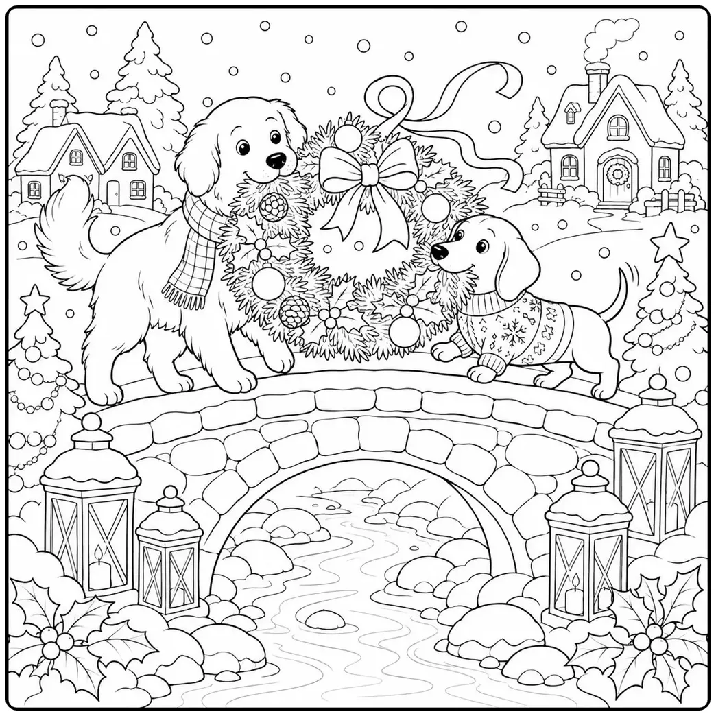 christmas dog coloring page showing a dog with christmas lights