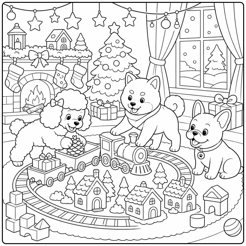 christmas dog coloring page featuring a festive canine scene