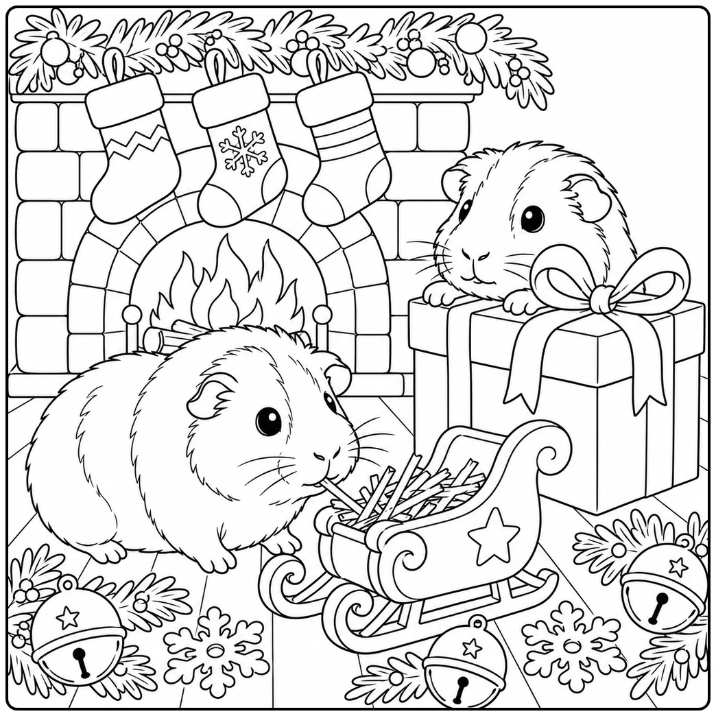 Two guinea pigs near a fireplace with stockings, a sleigh of hay, bells, and wrapped presents