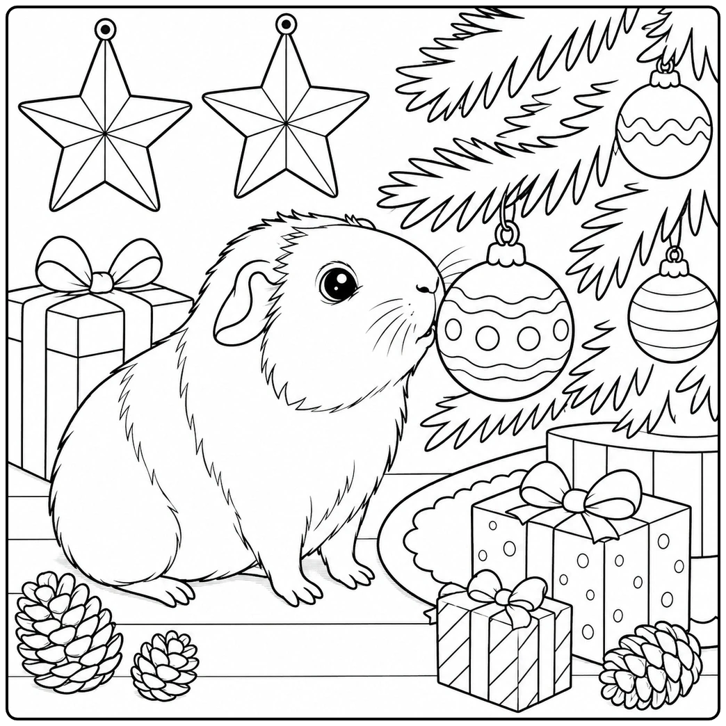 Guinea pig sniffing a Christmas ornament beside gifts and pinecones, christmas guinea pig coloring page
