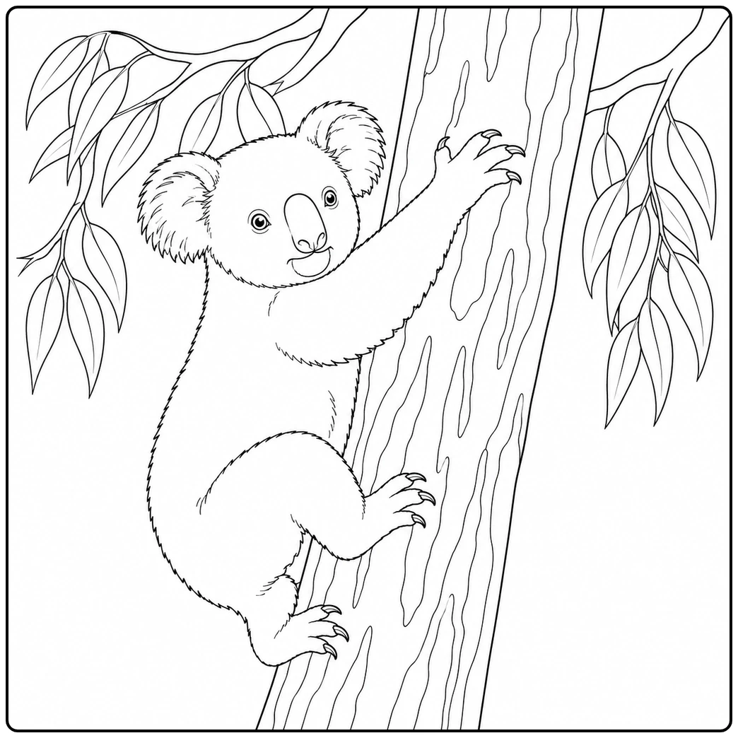 A climbing realistic koalas in eucalyptus trees coloring page with leafy branches overhead