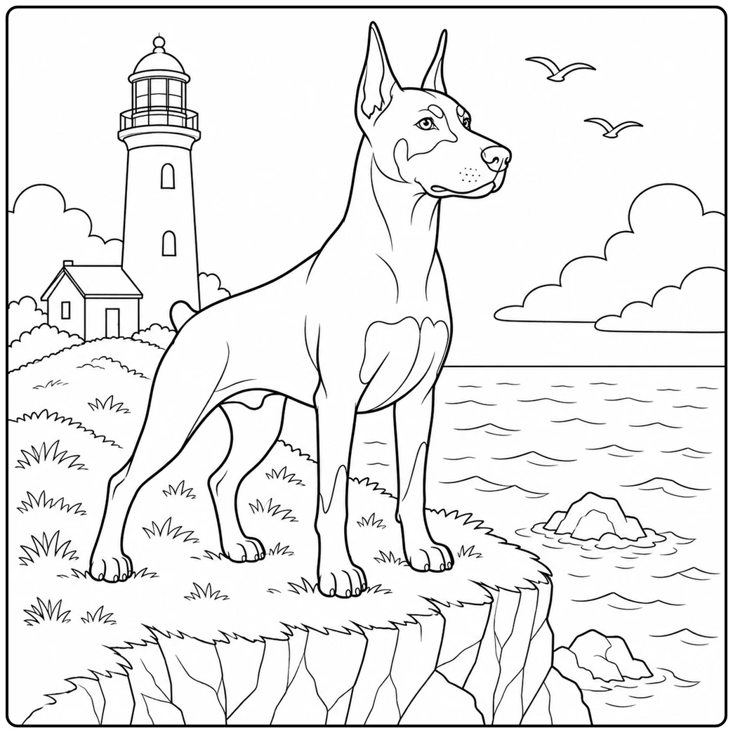 Proud Doberman on a seaside cliff with a lighthouse, birds, and gentle ocean waves