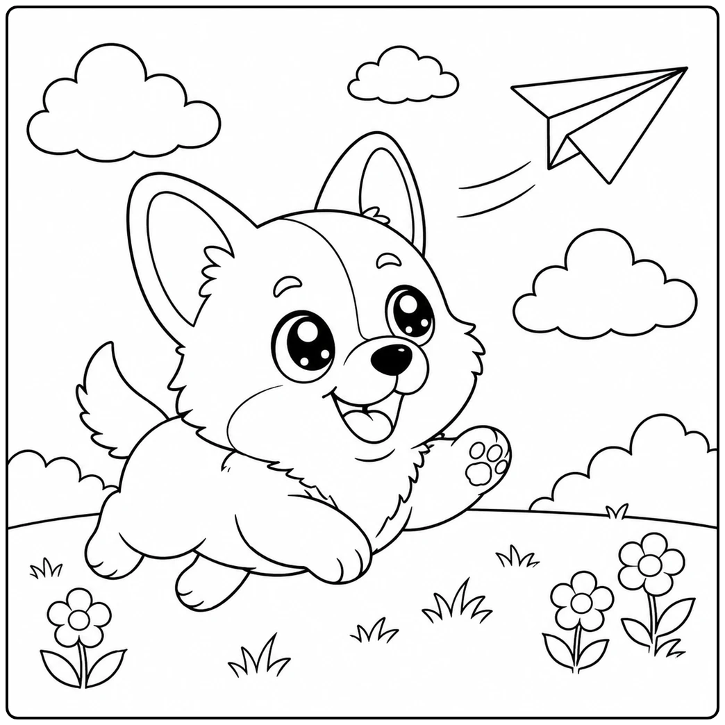 Corgi puppy runs through flowers while chasing a paper airplane across the sky