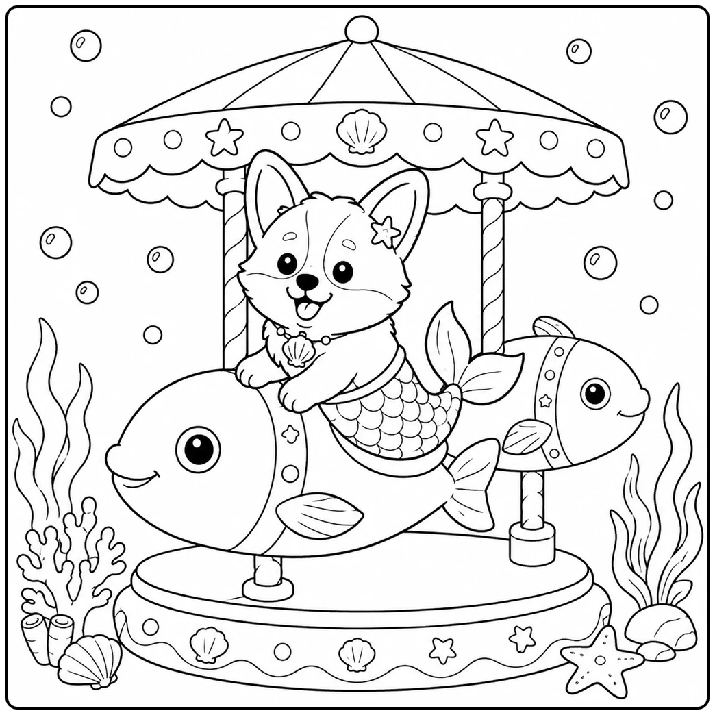 Corgi merdog rides a fish carousel under a shell-decorated canopy