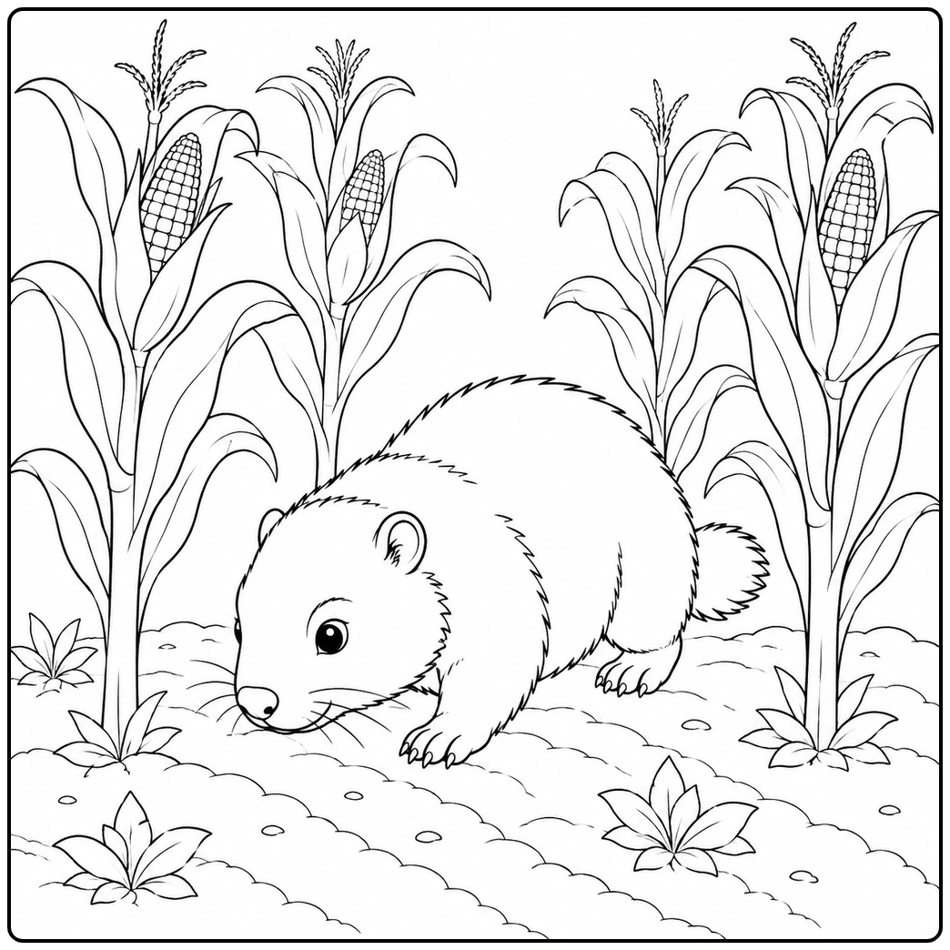 Between tall corn stalks, a groundhog walks along a planted row with small leafy shoots at its feet.