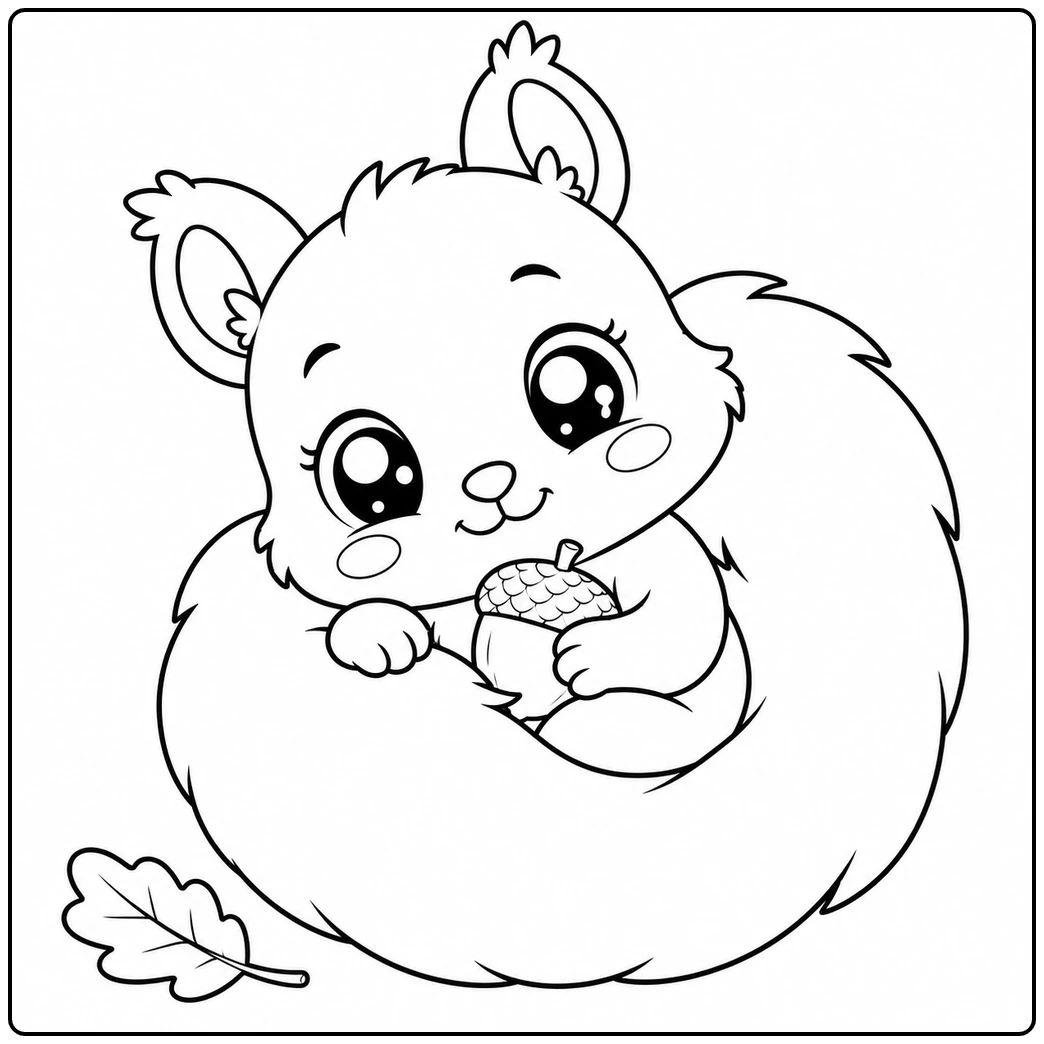 Baby squirrel curled inside its fluffy tail holding an acorn, a Cute & Easy Squirrel Coloring Page