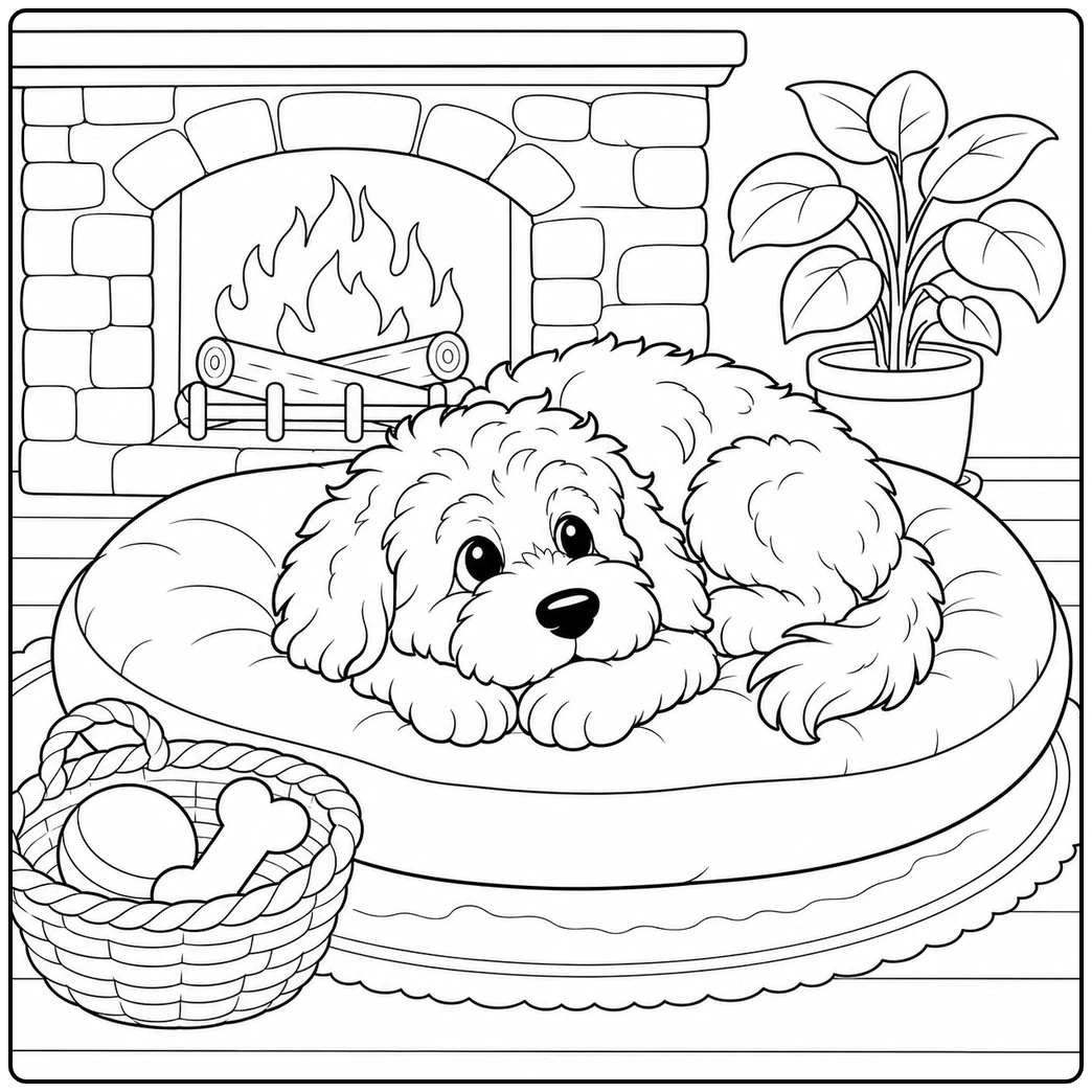Curly Bernedoodle resting on a round dog bed beside a fireplace and toy basket