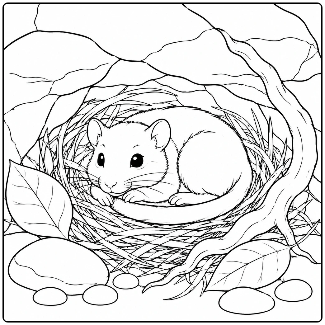 Curled gerbil coloring page nestled beneath tree roots with dry grass, leaves, and smooth stones