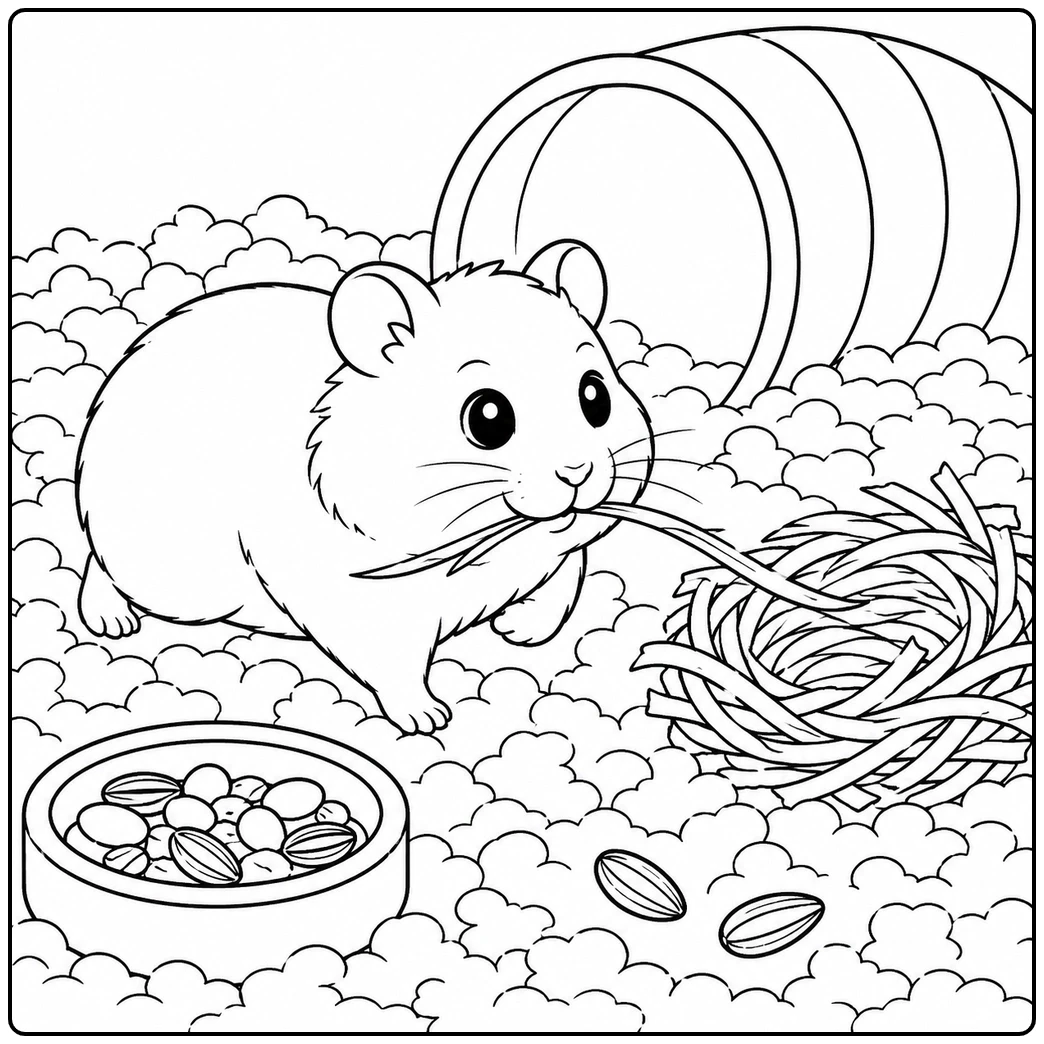A hamster coloring page for kids shows a pet hamster carrying hay beside its wheel, nest, and food bowl