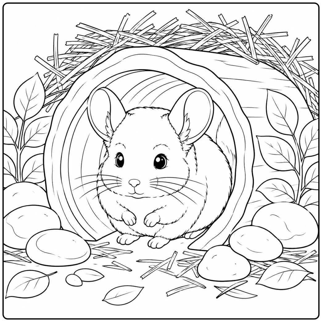 Curious chinchilla coloring page featuring a cozy tunnel among stones, leaves, and hay