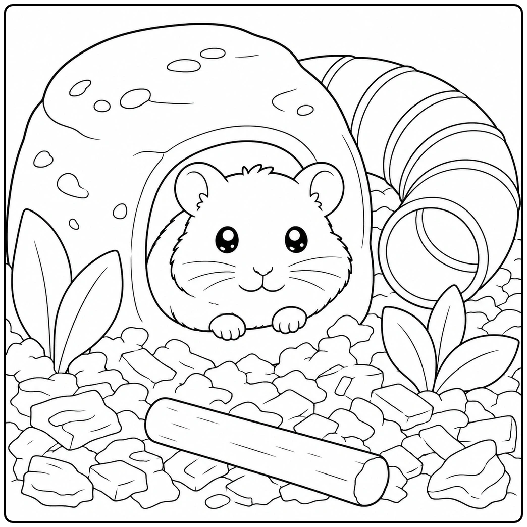 Hamster resting inside a rounded hideout beside a curved tunnel, chew stick, and scattered bedding