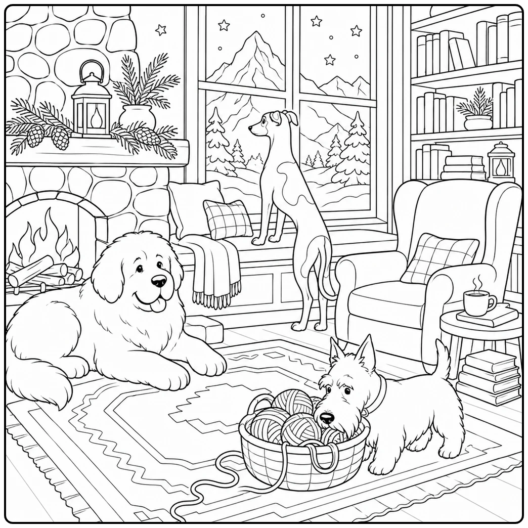 Intricate dog coloring page for adults with floral motifs