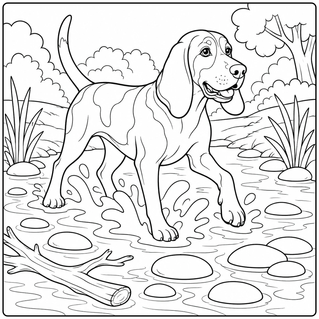 Coonhound splashing through a shallow creek with smooth stones, reeds, and a fallen branch
