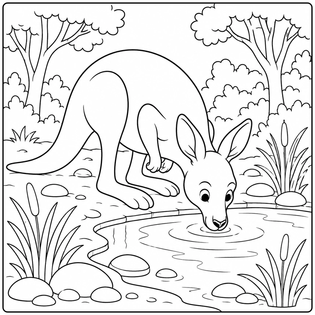 This kangaroo coloring page shows a kangaroo lowering its head to a shallow stream in a wooded setting.