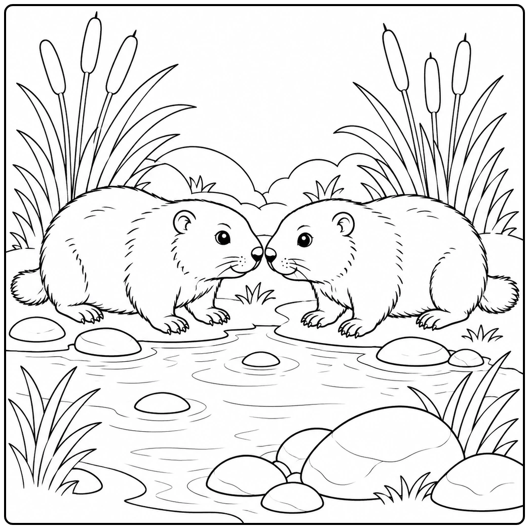 Two groundhogs touch noses beside a shallow stream bordered by cattails, reeds, and rounded rocks.