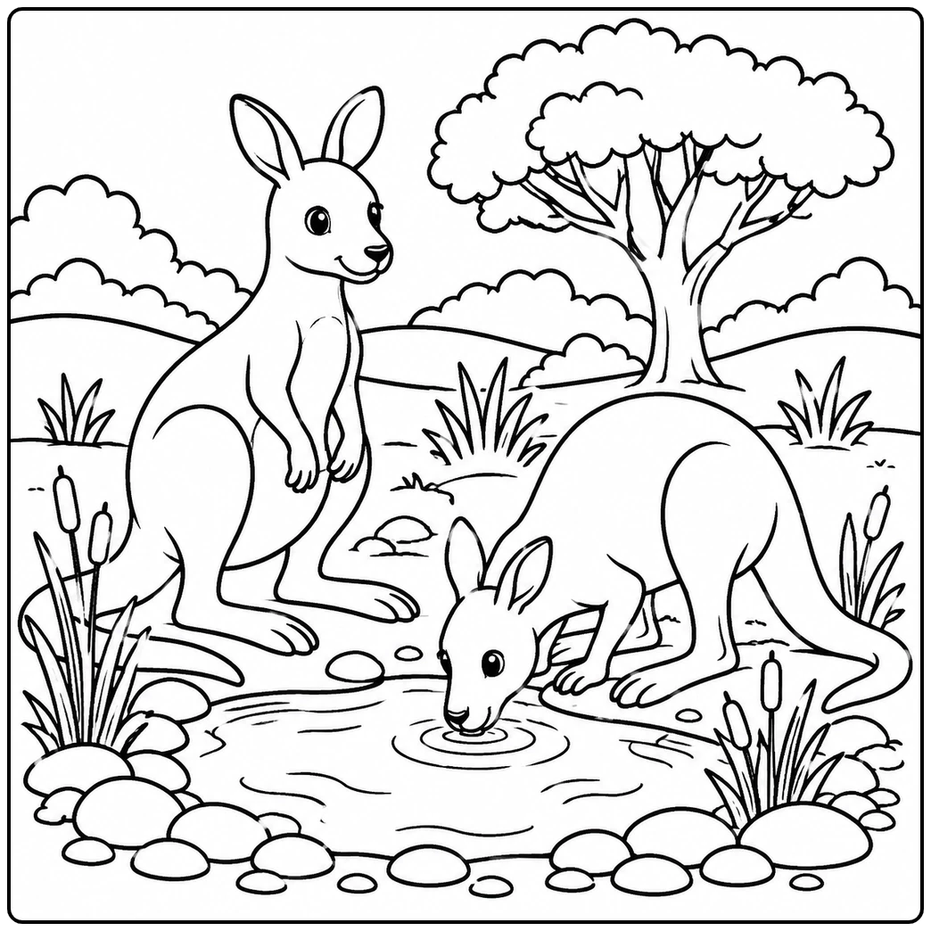 This kangaroo coloring page features one kangaroo upright while another lowers its head beside a rocky creek.