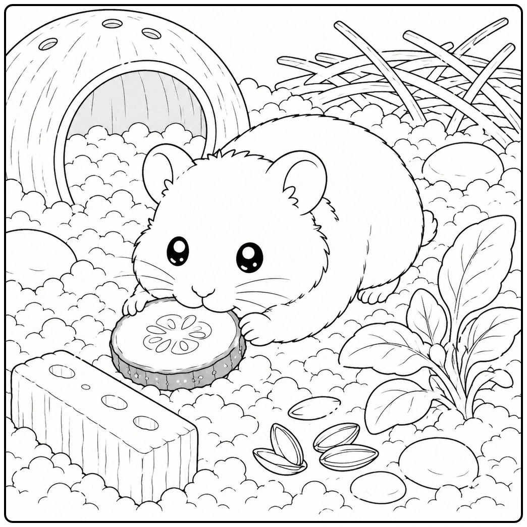 Low-crouching hamster nibbling a cucumber slice beside a chew block, herb leaves, and seed shells