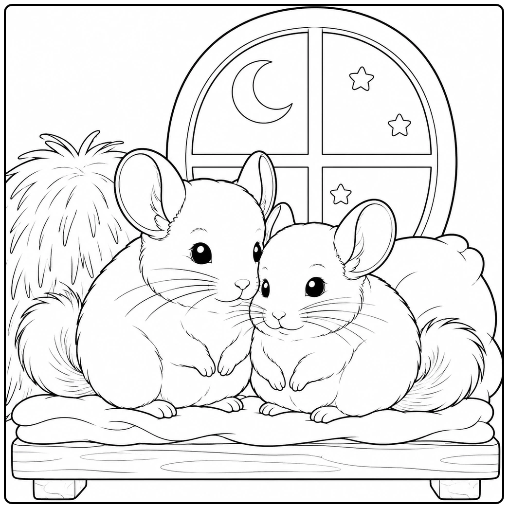 Two fluffy chinchillas cuddling on soft bedding beneath a moonlit window