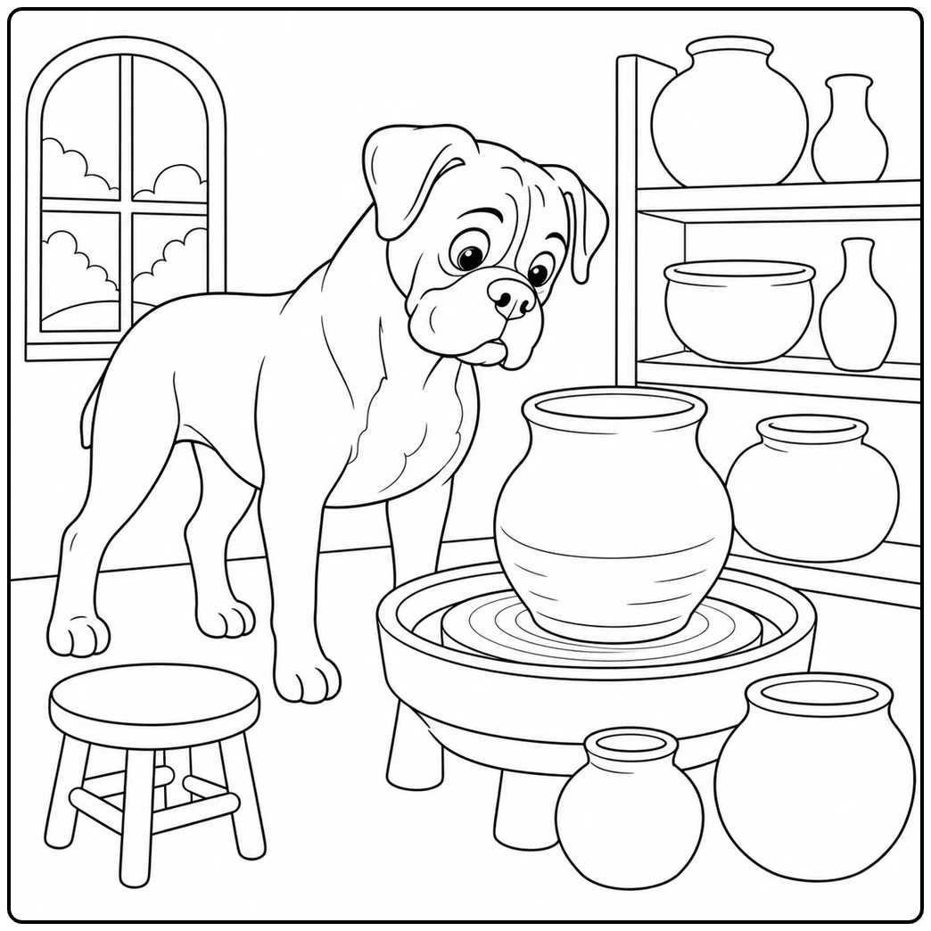 Curious Boxer stands beside a pottery wheel surrounded by simple clay pots and shelves