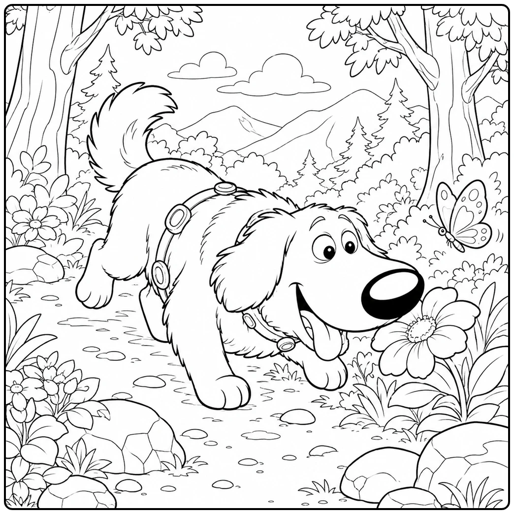 cartoon dog coloring page curious dog chasing butterfly forest