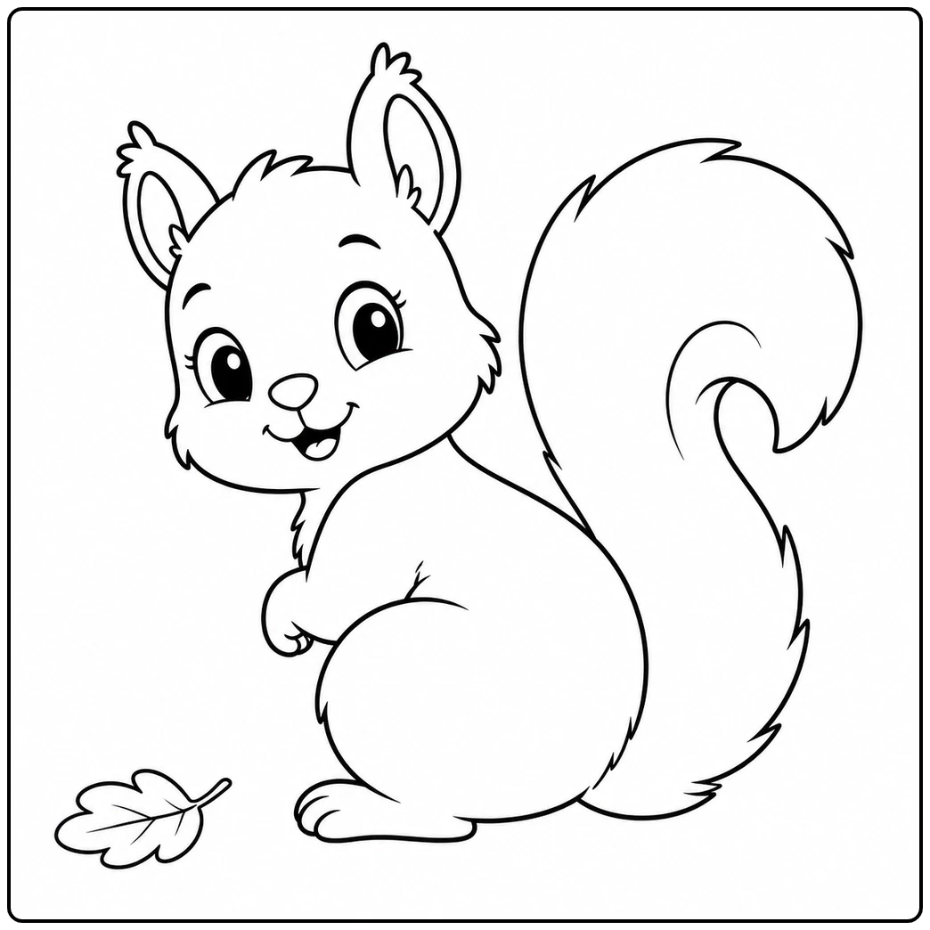 Squirrel looking back beside an oak leaf, designed as a Cute & Easy Squirrel Coloring Page
