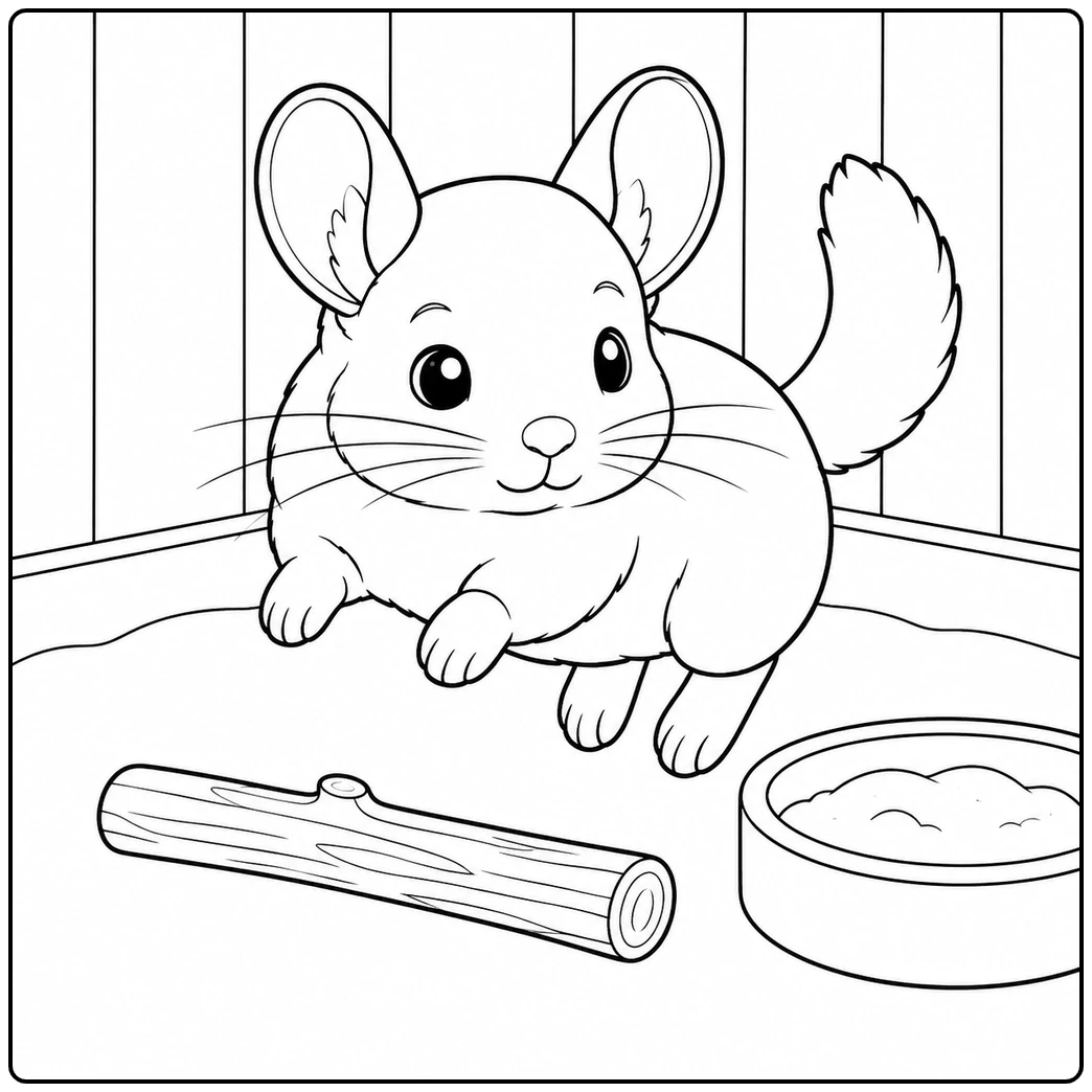 Chinchilla hopping over a wooden stick beside a dust bath bowl in a cute chinchilla coloring page